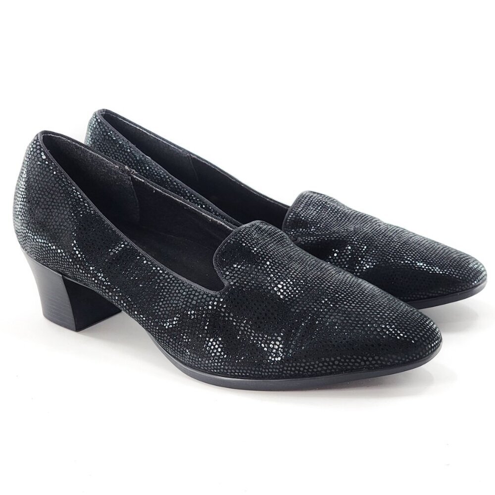 MUNRO Lizard Embossed Suede Leather Loafer Pump Block Heel Black